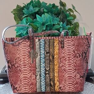Badgley Mischka Pink and Multicolor Snake Print Tote